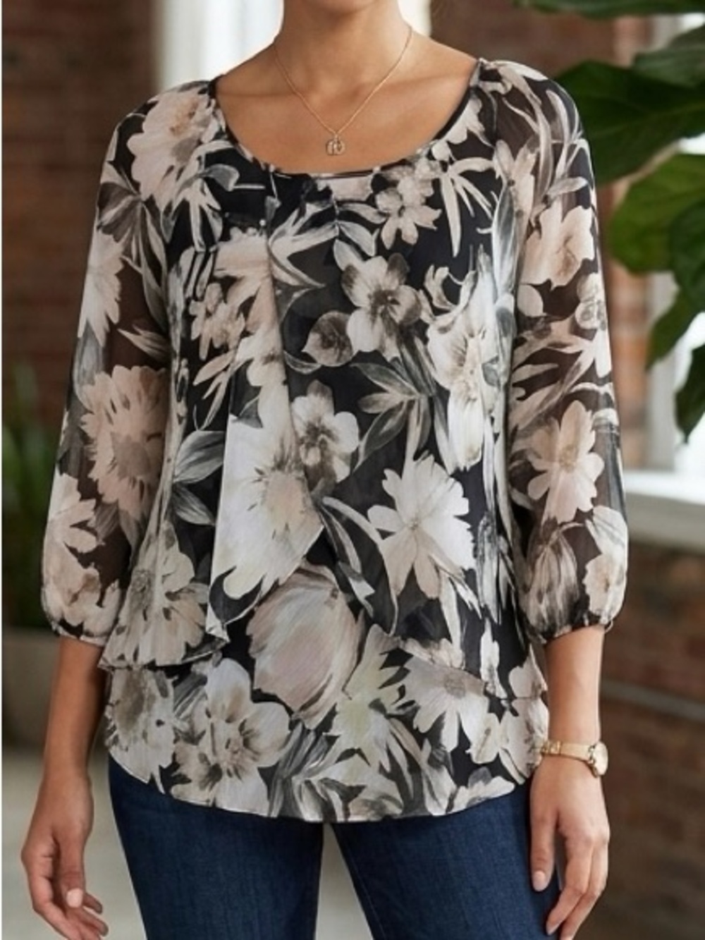 Tamara  Floral Chiffon Blouse Sheer 3/4 sleeve & Asymmetric Layered Top 1766